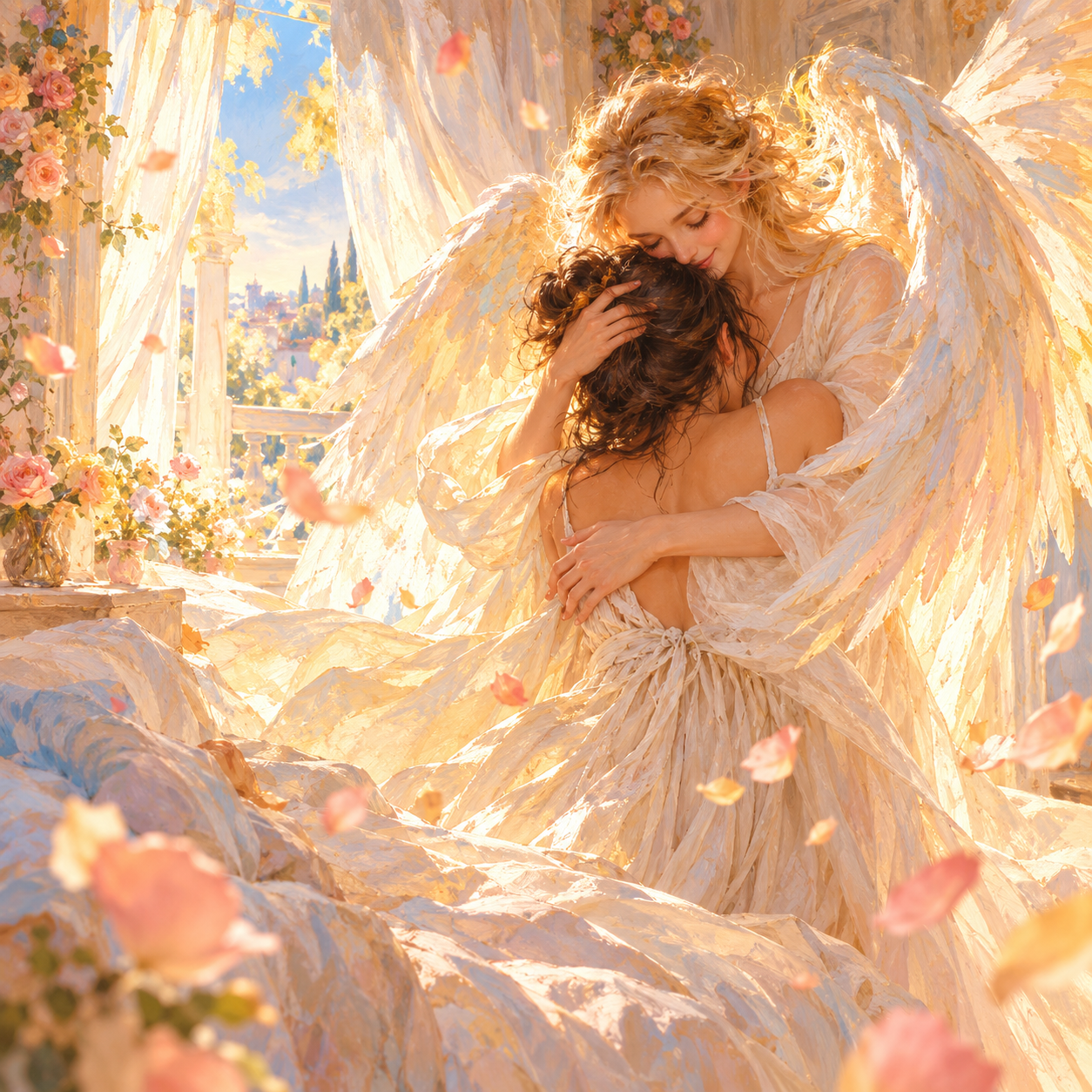 A luminous painted angel holding someone in a gentle embrace